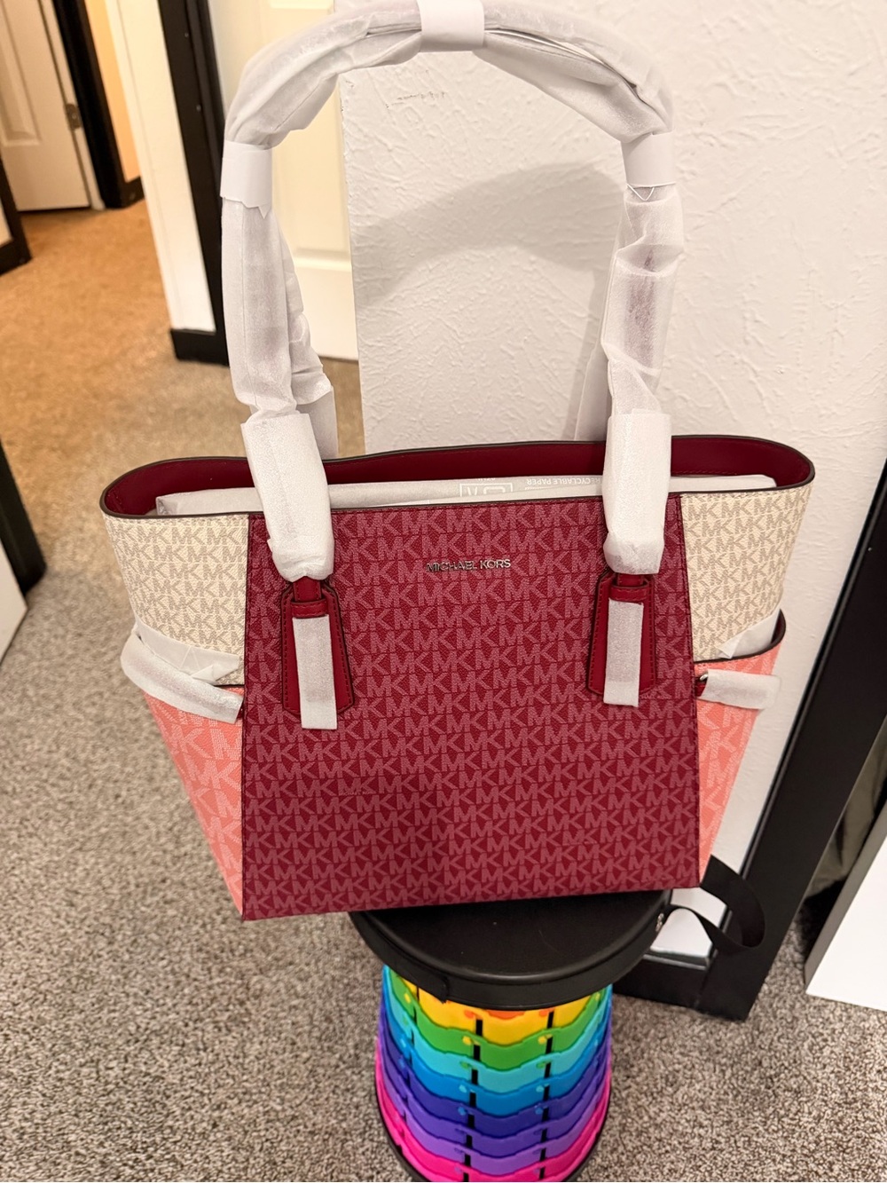 Michael Kors Tri-Color Logo Tote - Red, Cream, Pink